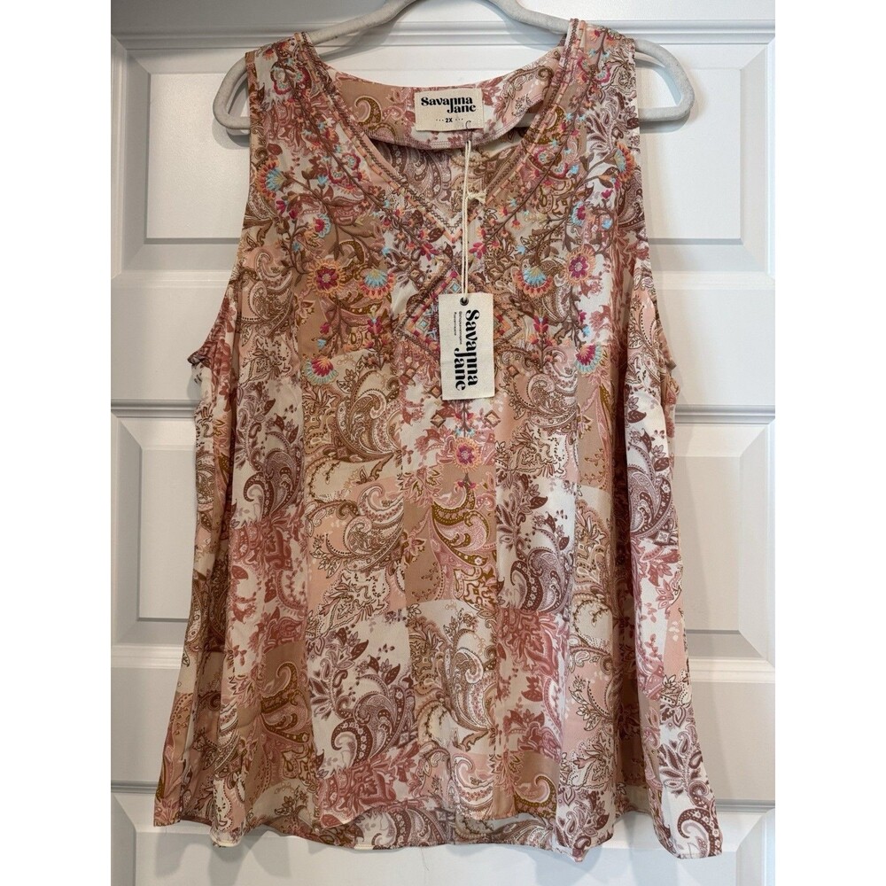 Savanna Jane Embroidered Top Womens 2X Floral Paisley Sleeveless Boho Flowy NEW